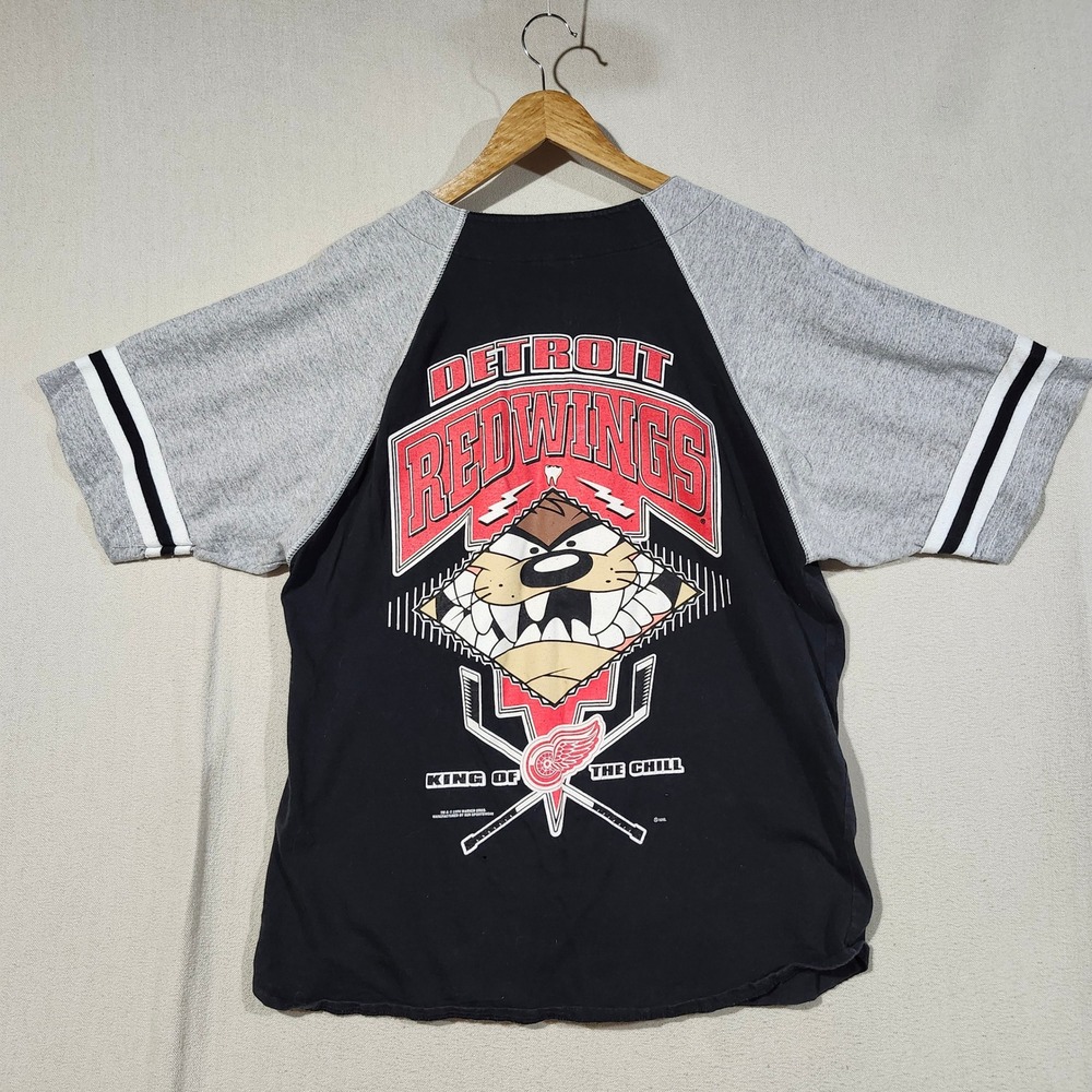 VTG 1994 Sun Sportswear Detroit Red Wings Taz Jersey Shirt Button Black Gray L